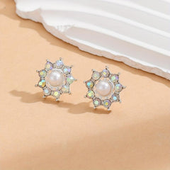 Diamond Pearl Sunflower Stud Earrings For Women