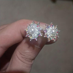 Diamond Pearl Sunflower Stud Earrings For Women