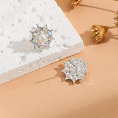Diamond Pearl Sunflower Stud Earrings For Women