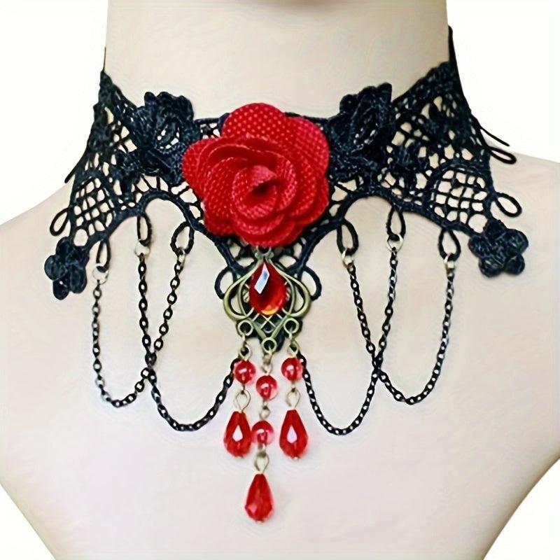 Vintage Lace Neck Chain Rose Flower Patch Neck Necklace For Women