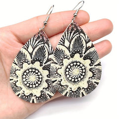 Boho Floral PU Leather Teardrop Earrings Hook Dangle Jewelry Gift
