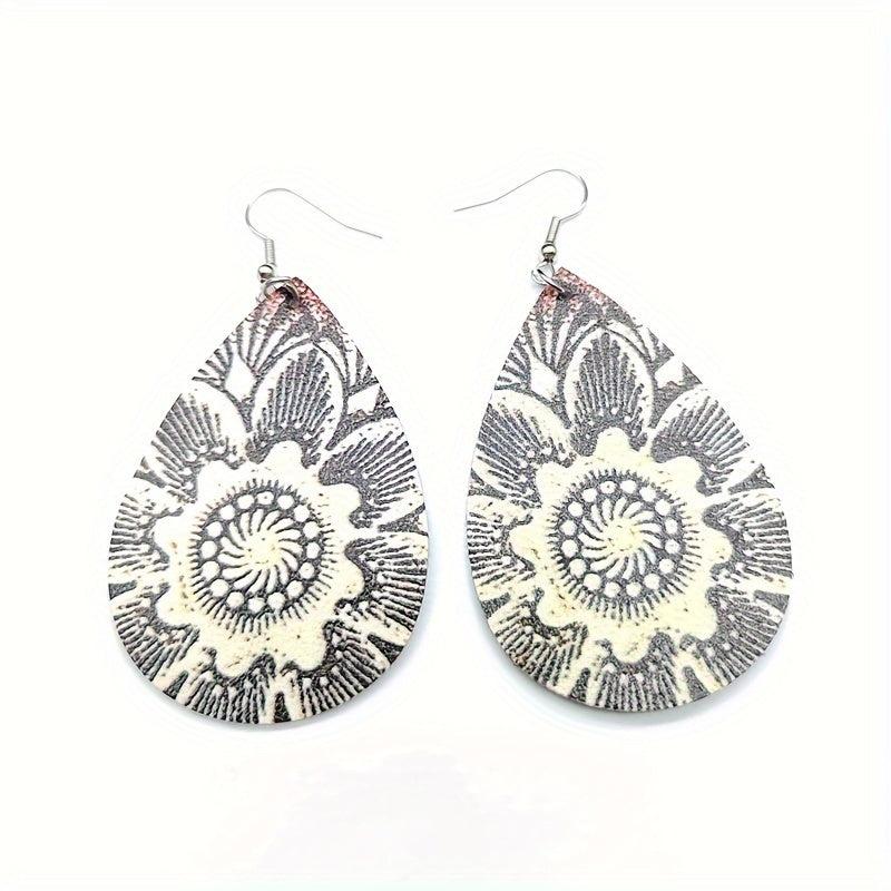 Boho Floral PU Leather Teardrop Earrings Hook Dangle Jewelry Gift
