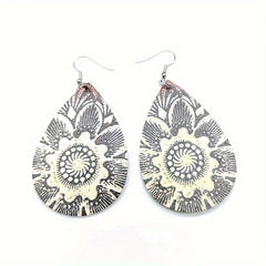 Boho Floral PU Leather Teardrop Earrings Hook Dangle Jewelry Gift