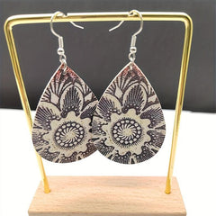 Boho Floral PU Leather Teardrop Earrings Hook Dangle Jewelry Gift