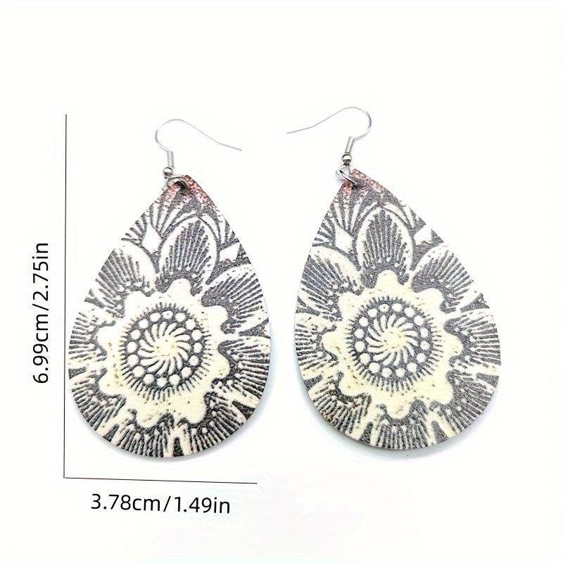 Boho Floral PU Leather Teardrop Earrings Hook Dangle Jewelry Gift