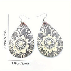 Boho Floral PU Leather Teardrop Earrings Hook Dangle Jewelry Gift