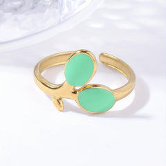 Pink Green Leaf Plated Ring 18K Stainless Steel Adjustable