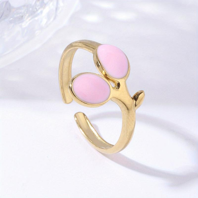 Pink Green Leaf Plated Ring 18K Stainless Steel Adjustable