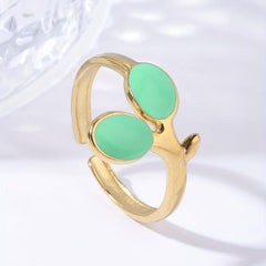 Pink Green Leaf Plated Ring 18K Stainless Steel Adjustable