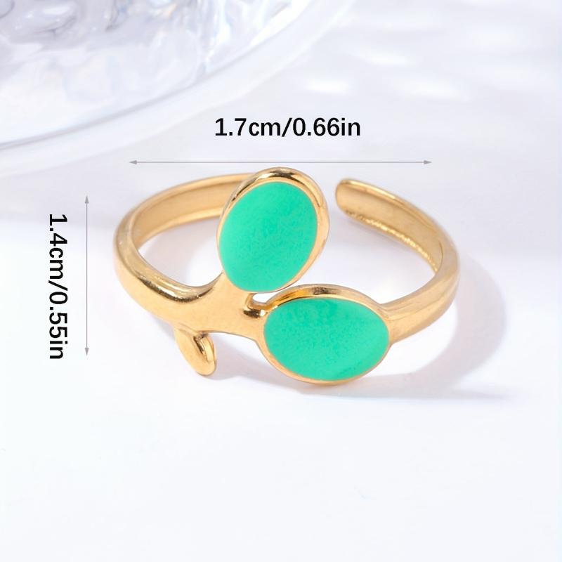 Pink Green Leaf Plated Ring 18K Stainless Steel Adjustable