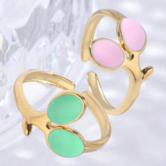 Pink Green Leaf Plated Ring 18K Stainless Steel Adjustable