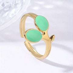 Pink Green Leaf Plated Ring 18K Stainless Steel Adjustable