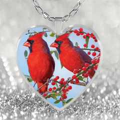 Cardinals Heart Glass Pendant Earrings Necklace Set