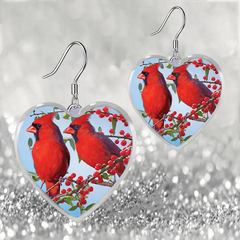 Cardinals Heart Glass Pendant Earrings Necklace Set