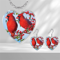 Cardinals Heart Glass Pendant Earrings Necklace Set