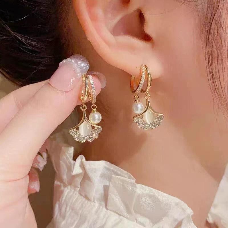 French Pearl Earrings Gingko Leaf Design Lightweight Earrings