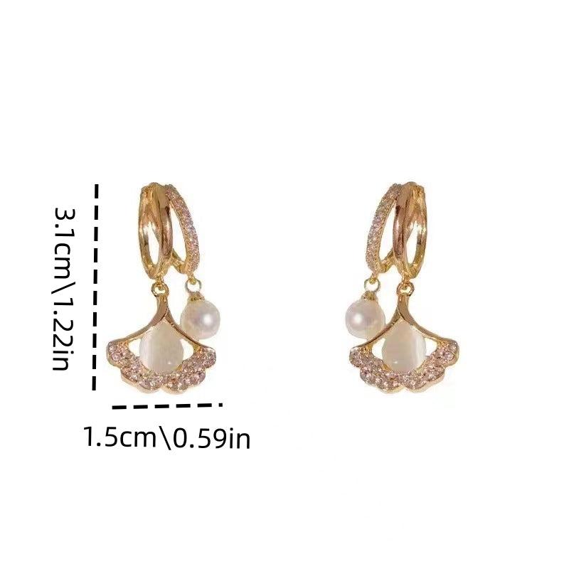 French Pearl Earrings Gingko Leaf Design Lightweight Earrings