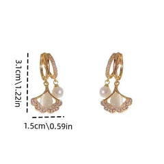 French Pearl Earrings Gingko Leaf Design Lightweight Earrings