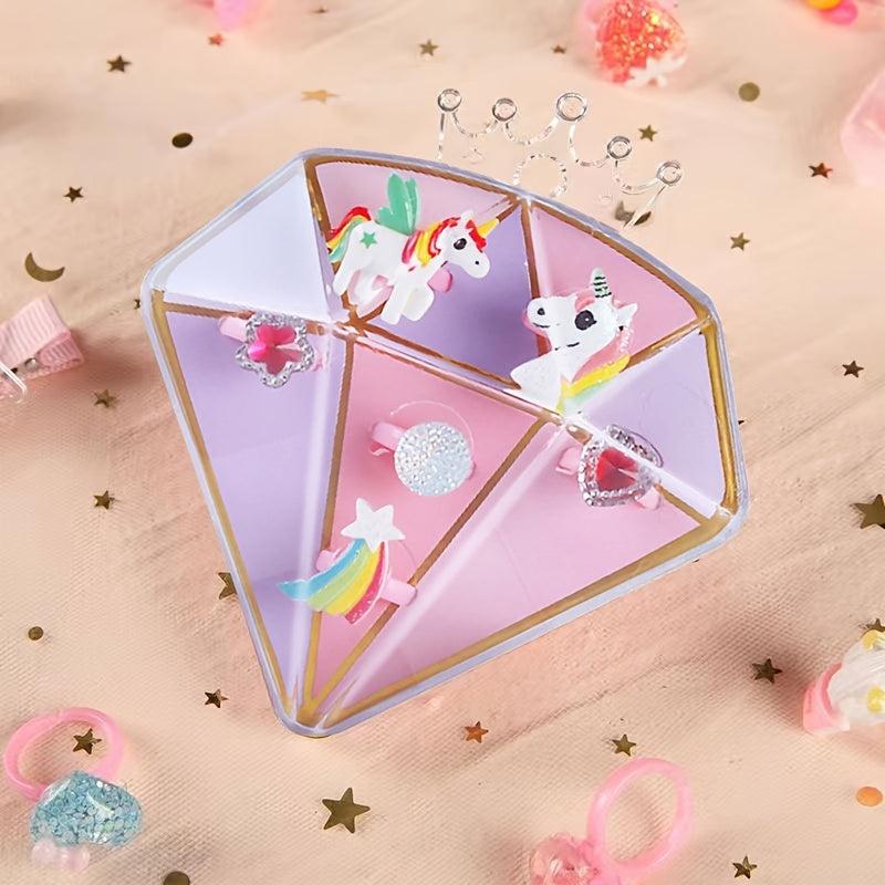 6Pcs Girls Jewelry Princess Dress Up Set Girls Artificial Diamond Cartoon Rings
