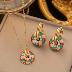 Stainless Steel Pink Flowers Necklace and Earrings Set