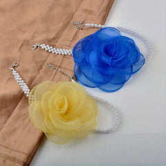 Romantic Chiffon Mesh Flower Choker Necklace with Pearl Neck