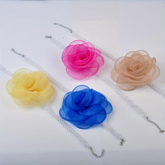 Romantic Chiffon Mesh Flower Choker Necklace with Pearl Neck