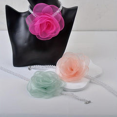 Romantic Chiffon Mesh Flower Choker Necklace with Pearl Neck