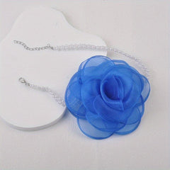 Romantic Chiffon Mesh Flower Choker Necklace with Pearl Neck