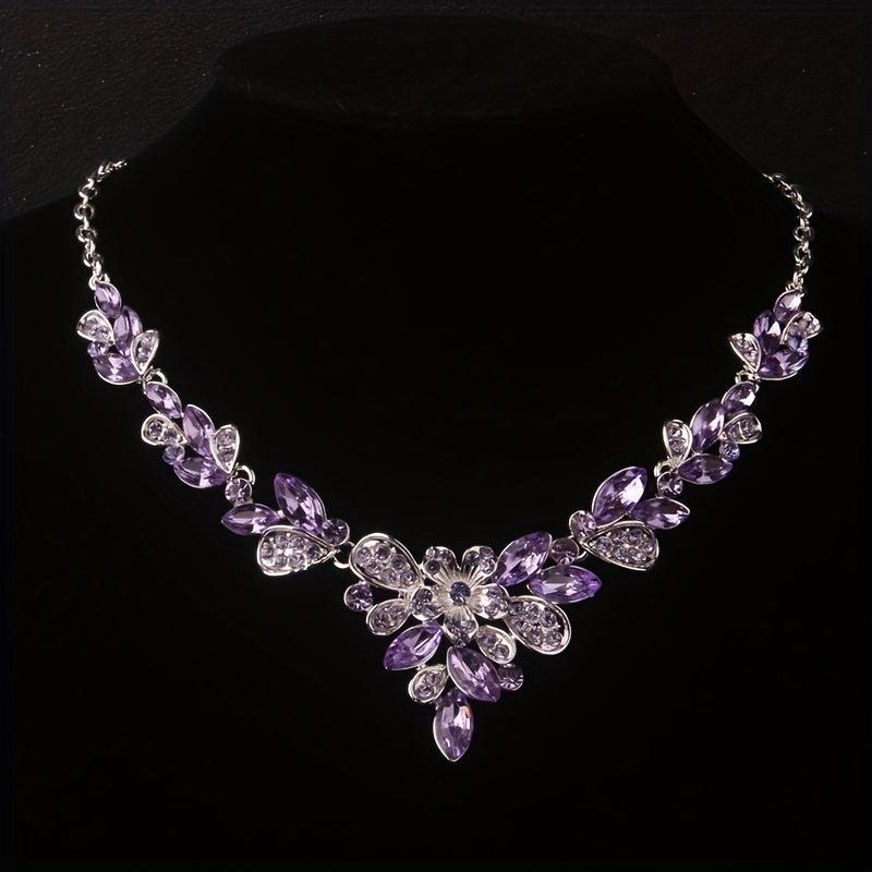 High-End Purple Rhinestone Necklace Earring Set