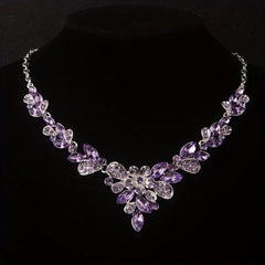 High-End Purple Rhinestone Necklace Earring Set