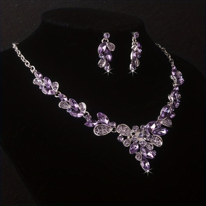 High-End Purple Rhinestone Necklace Earring Set