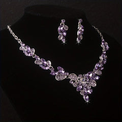 High-End Purple Rhinestone Necklace Earring Set