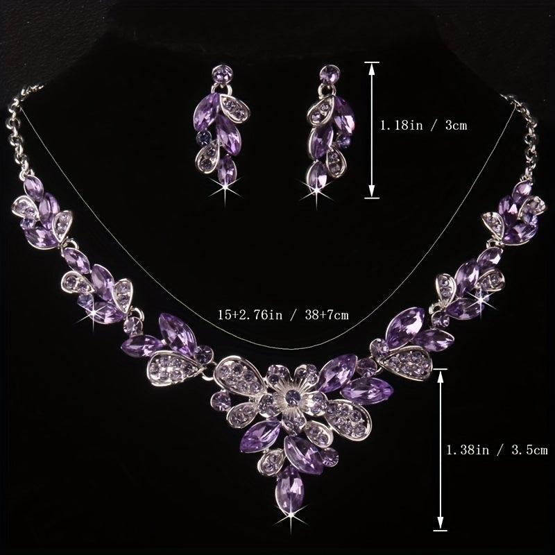 High-End Purple Rhinestone Necklace Earring Set