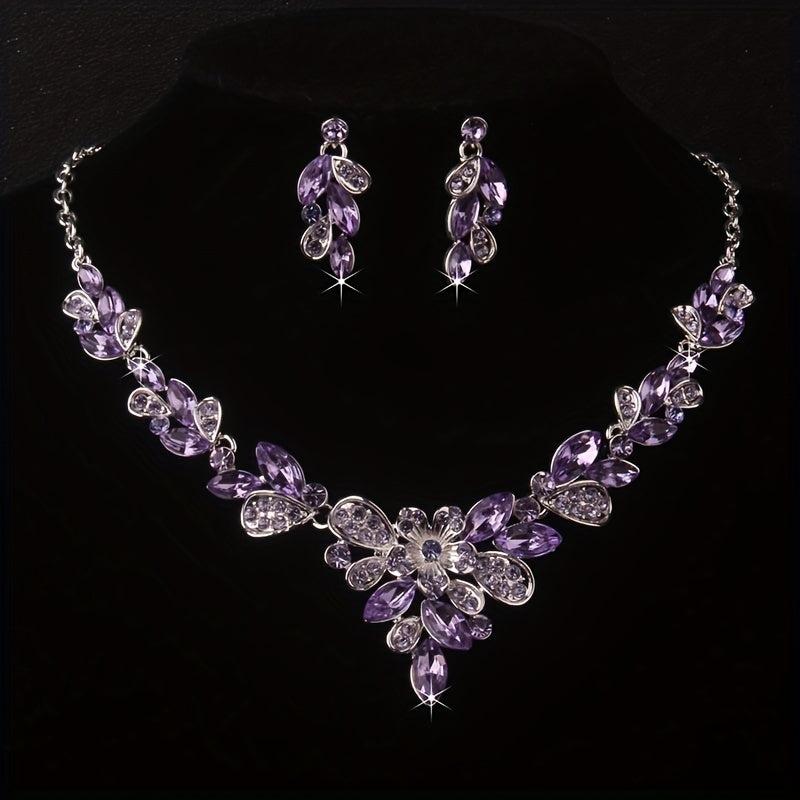 High-End Purple Rhinestone Necklace Earring Set