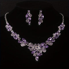 High-End Purple Rhinestone Necklace Earring Set