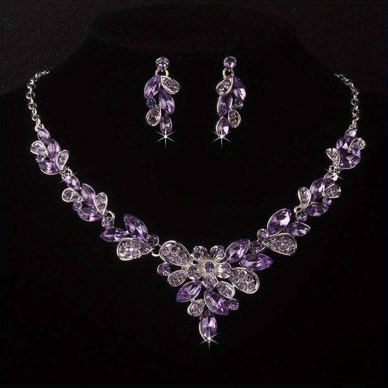 High-End Purple Rhinestone Necklace Earring Set