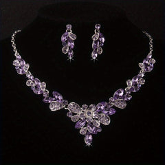 High-End Purple Rhinestone Necklace Earring Set