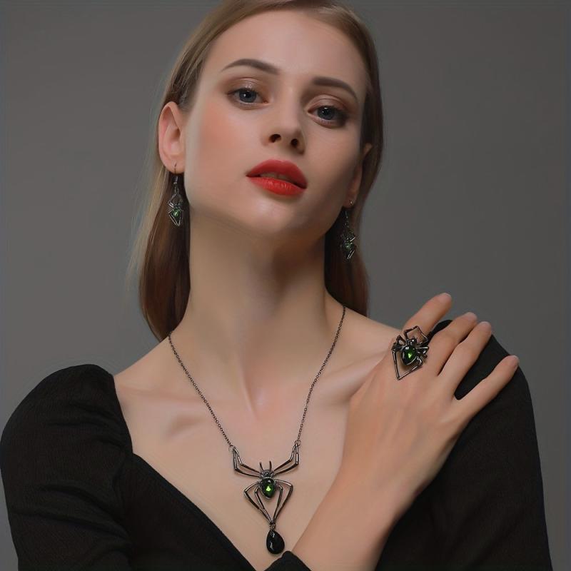 Exaggerated Spider Jewelry Set Vintage Green Stone Accessories