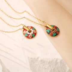 Bohemian Red Flower Oval Gear Pendant Necklace and Earrings Set
