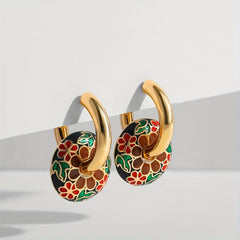 Bohemian Red Flower Oval Gear Pendant Necklace and Earrings Set
