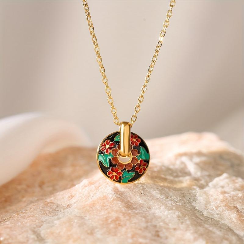 Bohemian Red Flower Oval Gear Pendant Necklace and Earrings Set