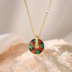 Bohemian Red Flower Oval Gear Pendant Necklace and Earrings Set