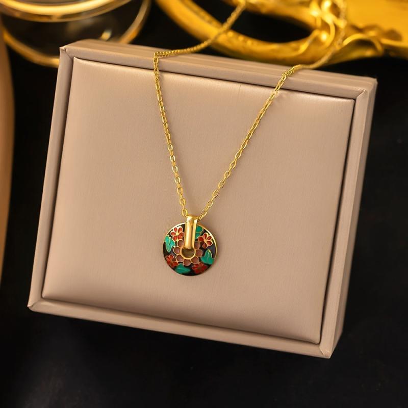 Bohemian Red Flower Oval Gear Pendant Necklace and Earrings Set