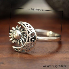 Vintage Silvery Plated Bohemian Moon & Sun Ring Jewelry