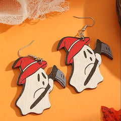 Ghost Pumpkin Pattern Dangle Earrings Retro Style Wooden Jewelry