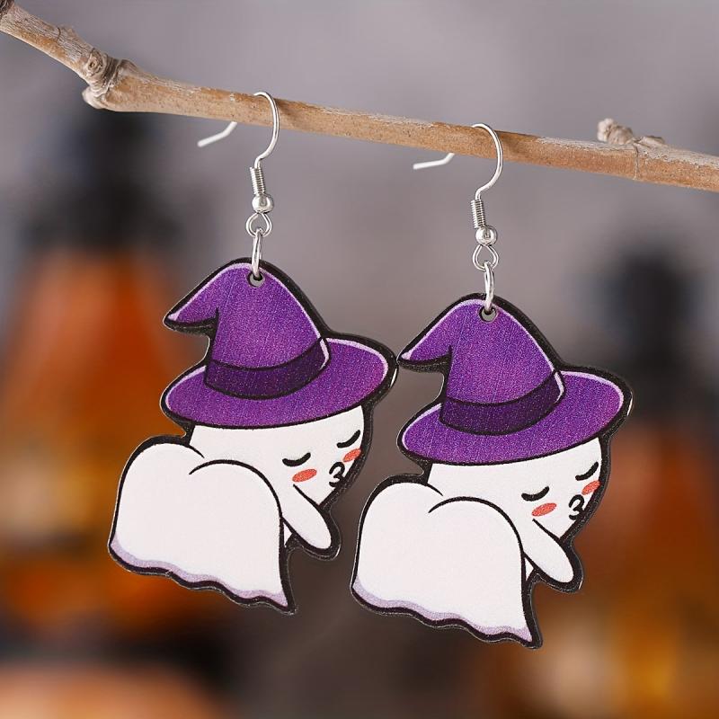 Ghost Pumpkin Pattern Dangle Earrings Retro Style Wooden Jewelry