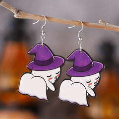 Ghost Pumpkin Pattern Dangle Earrings Retro Style Wooden Jewelry