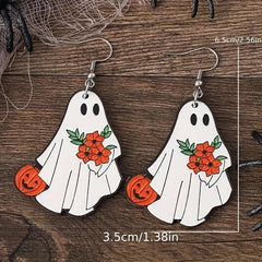 Ghost Pumpkin Pattern Dangle Earrings Retro Style Wooden Jewelry