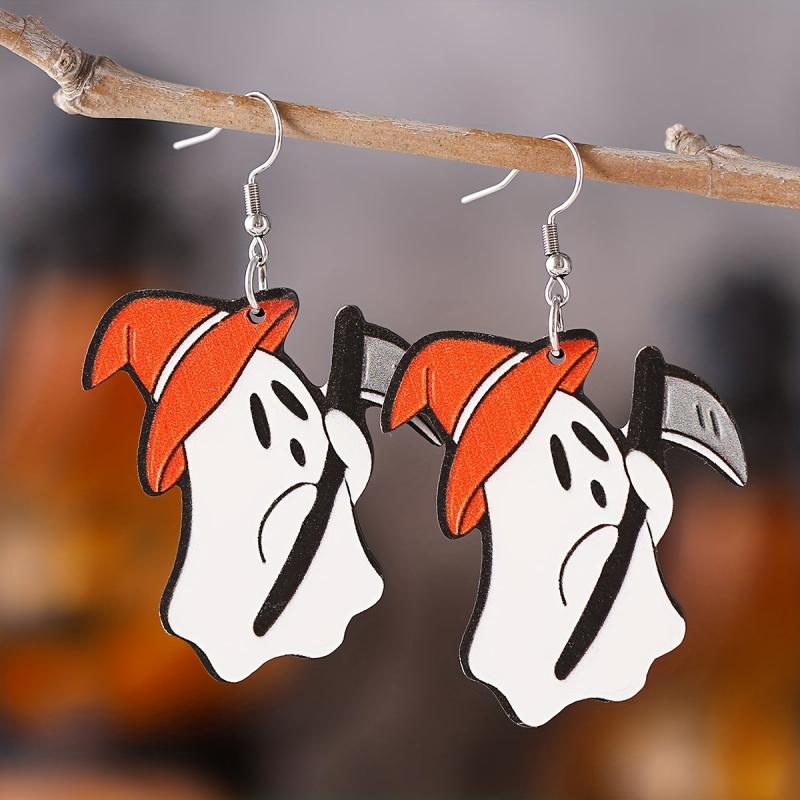 Ghost Pumpkin Pattern Dangle Earrings Retro Style Wooden Jewelry