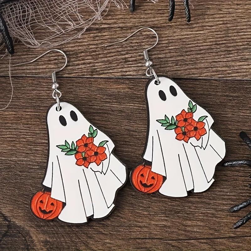 Ghost Pumpkin Pattern Dangle Earrings Retro Style Wooden Jewelry